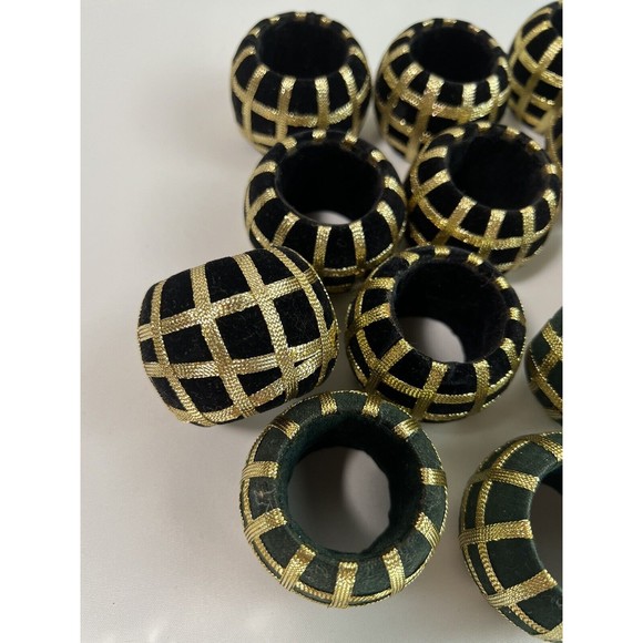12 Pcs‎ Napkin Rings Velvet With Gold Ribbon Woven 9 Black 3 Green - Picture 3 of 6